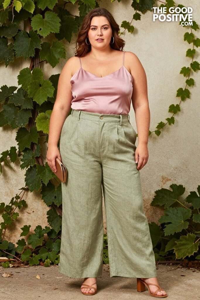 Plus Size Tailored Linen Wide-Leg Trousers With Silk Camisole Outfit