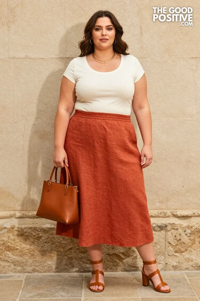 Plus Size Terracotta Linen Midi Skirt and Fitted Scoop-Neck Blouse Outfit