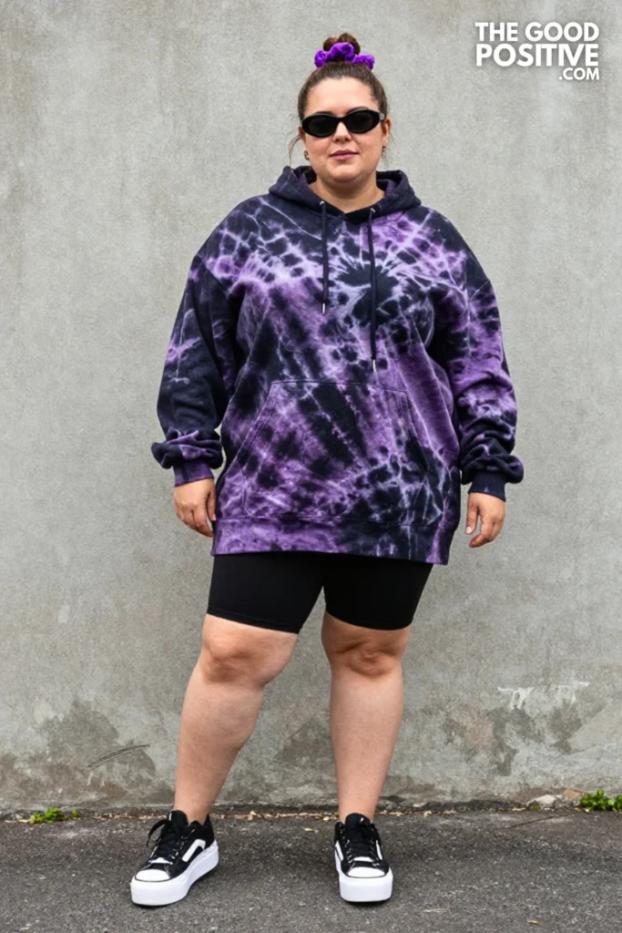 Plus Size Tie-Dye Oversized Hoodie Dress With Biker Shorts Outfit