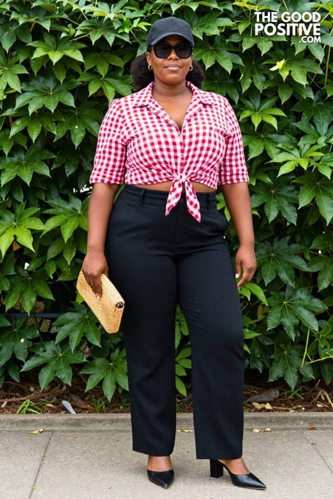 Plus Size Tie-Front Gingham Crop Blouse With High-Rise Tailored Trousers Outfit