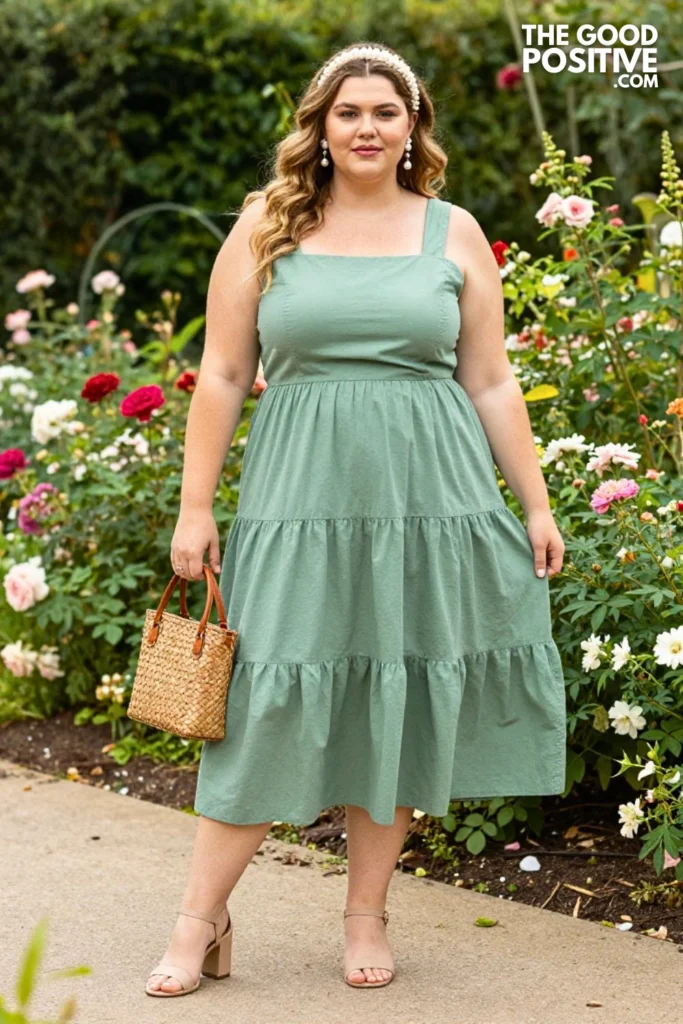 Plus Size Tiered Cottagecore Midi Dress With Block Heels And Pearl Accessories Outfit