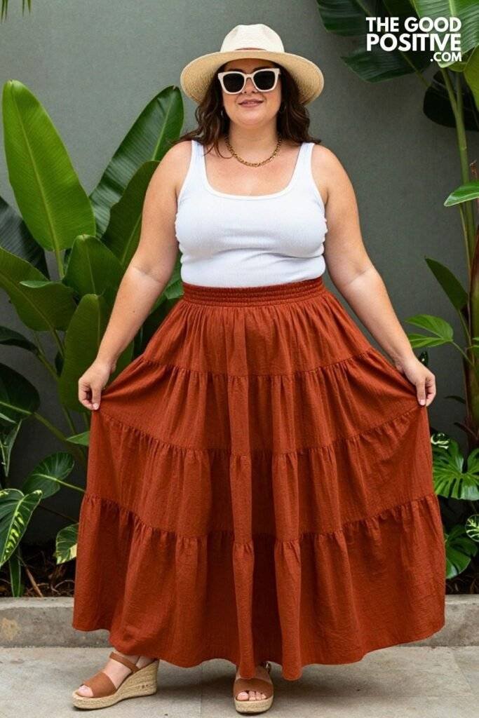 Plus Size Tiered Maxi Skirt With Fitted Ribbed Tank Top Outfit