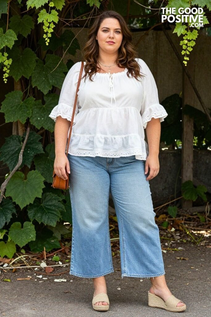 Plus Size Tiered Peasant Blouse With Cropped Wide-Leg Jeans Outfit