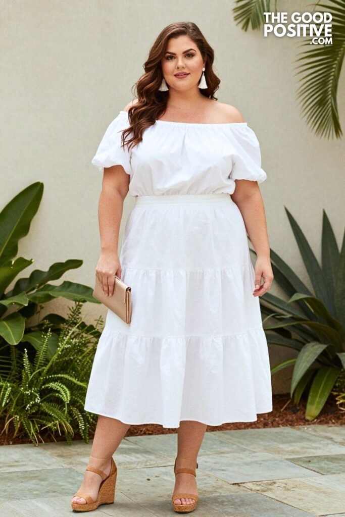 Plus Size Tiered Ruffle Hem Skirt With Structured Off-Shoulder Blouse Outfit