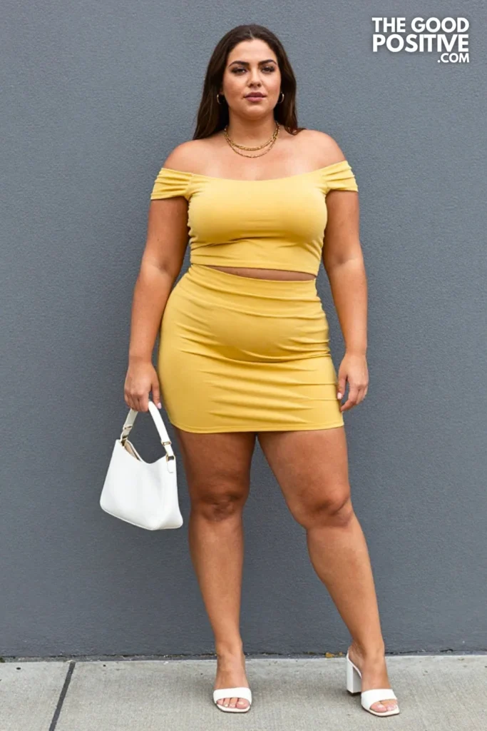 Plus Size Trendy Butter Yellow Mini Skirt With Off-Shoulder Bardot Top Outfit