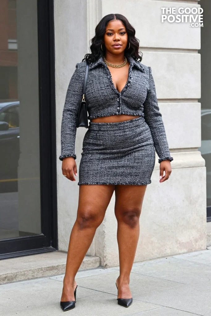 Plus Size Trendy Matching Set Mini Skirt With Fitted Cropped Jacket Brunch Outfit