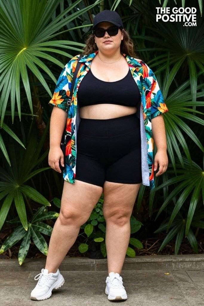Plus Size Tropical Print Shirt With High-Waist Bike Shorts Outfit