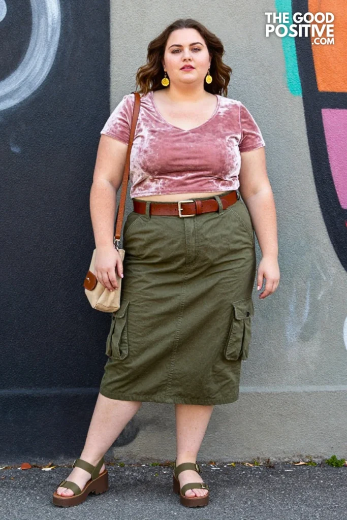 Plus Size Velvet Crop Top With High-Waisted Cargo Skirt Outfit