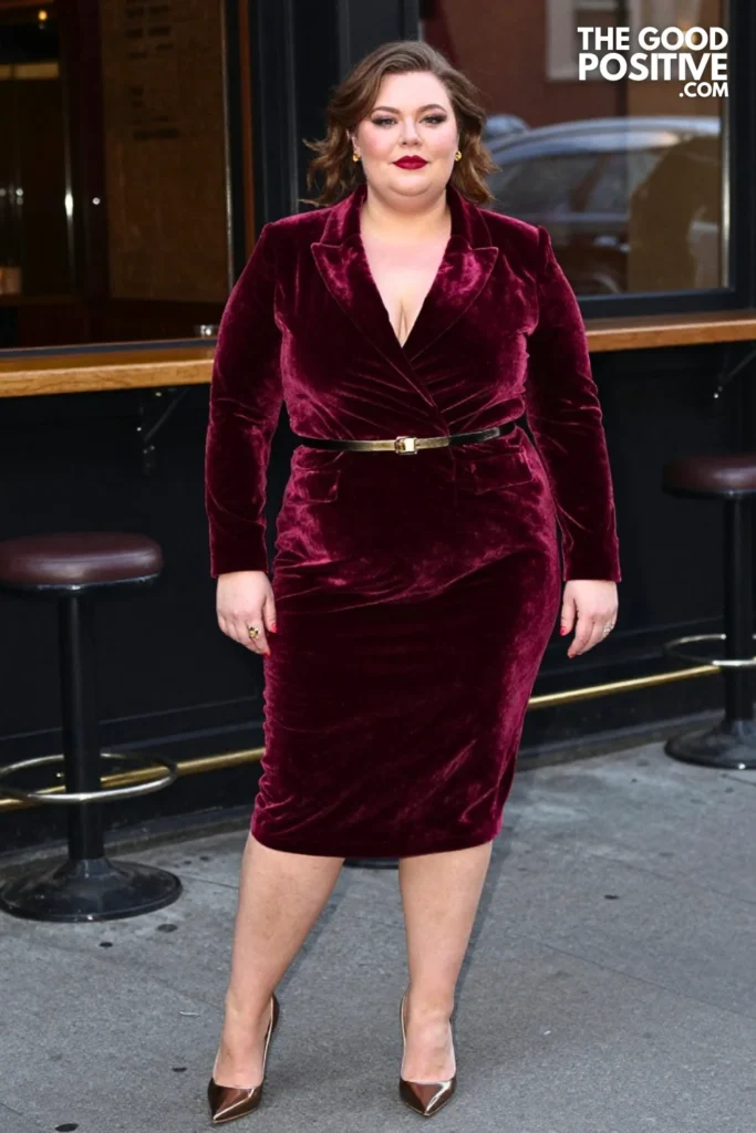 Plus Size Velvet Fitted Blazer Dress With Belt Outfit