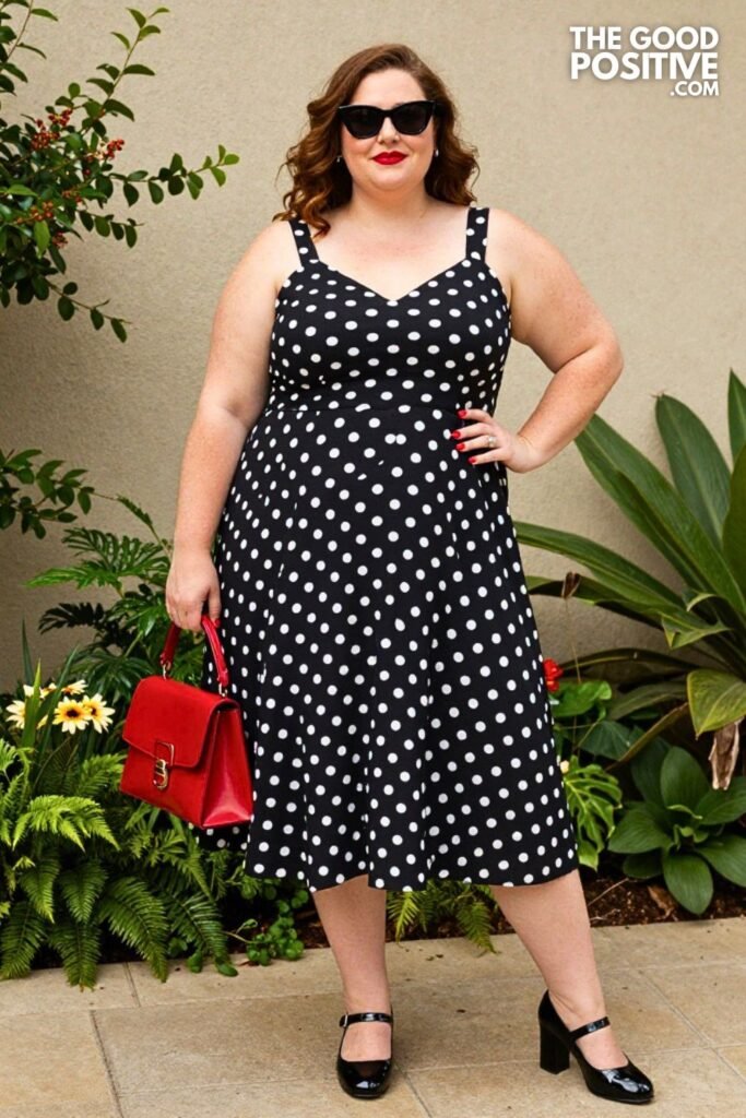 Plus Size Vintage-Inspired Polka Dot Sundress With Cat-Eye Sunglasses Outfit