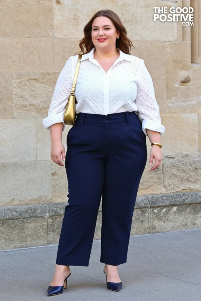 Plus Size White Eyelet Button-Down Blouse and Tailored Navy Trousers Outfit