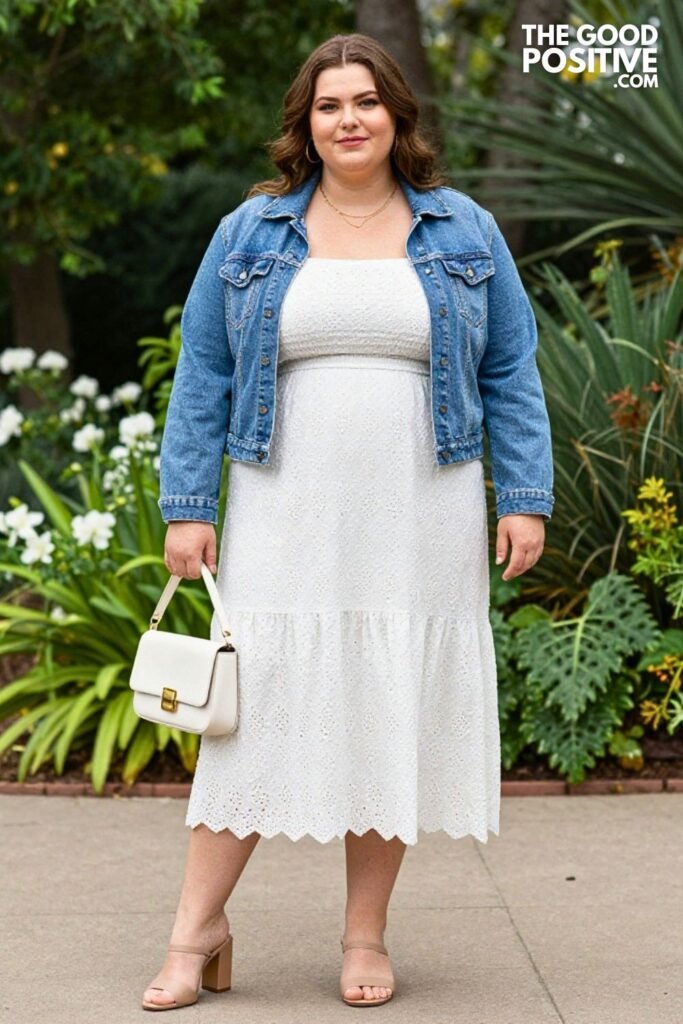 Plus Size White Eyelet Sundress With Denim Jacket and Block Heel Outfit