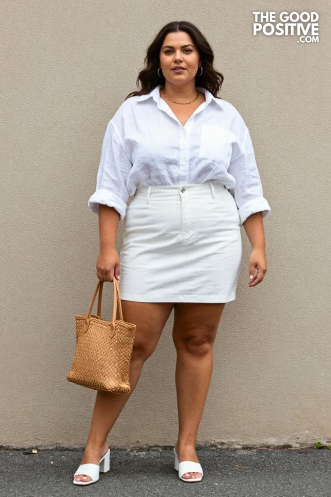 Plus Size White Linen Button-Down Mini Skirt Classy Summer Outfit