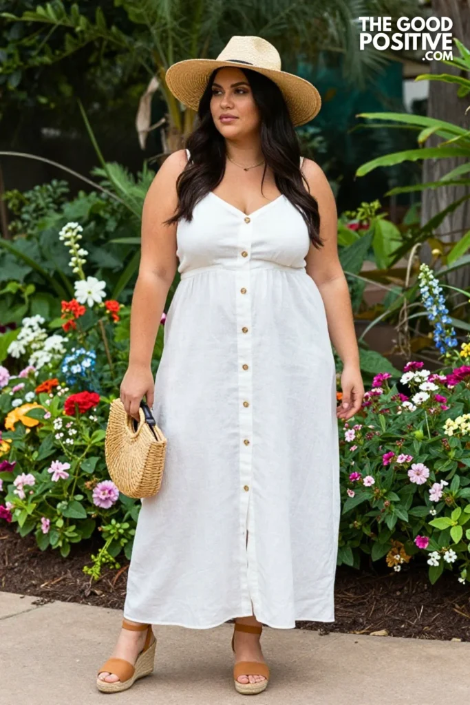 Plus Size White Linen Maxi Dress With Espadrilles And Straw Hat Outfit