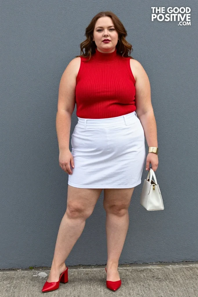 Plus Size White Mini Skirt With Bold Red Fitted Turtleneck Sleeveless Top Outfit