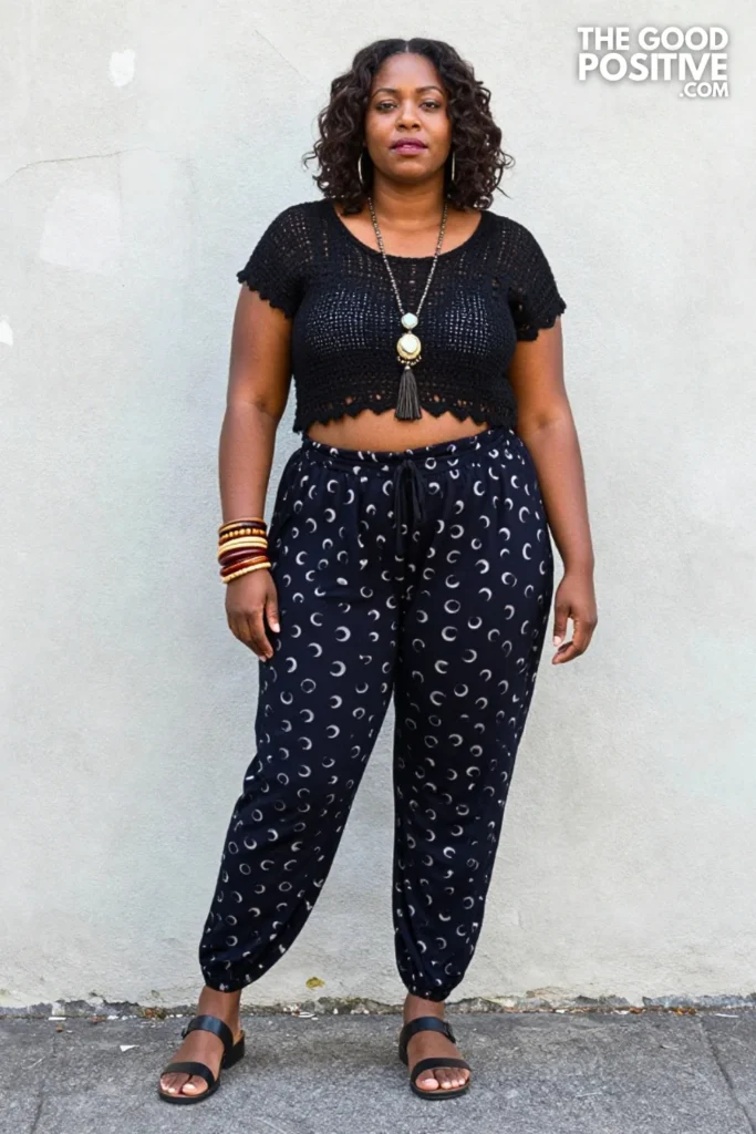 Plus Size Witchy Boho Crochet Top With High-Waisted Printed Harem Pants Outfit