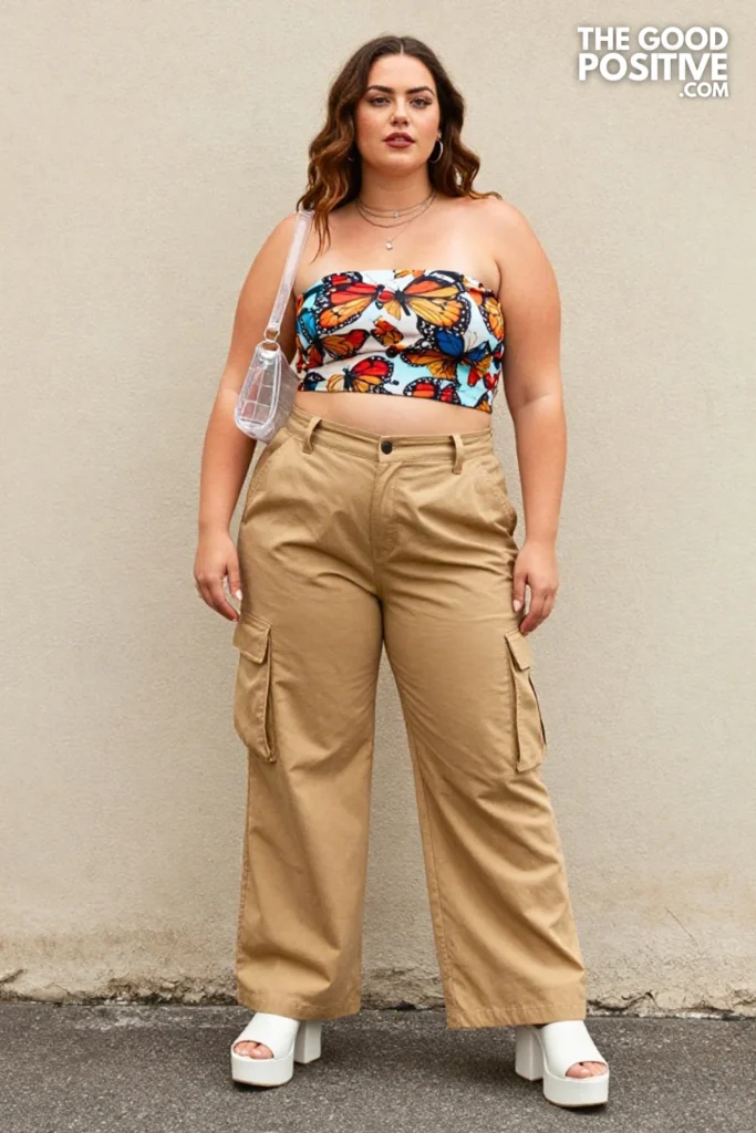 Plus Size Y2K Butterfly Print Tube Top With Wide Cargo Pants Outfit