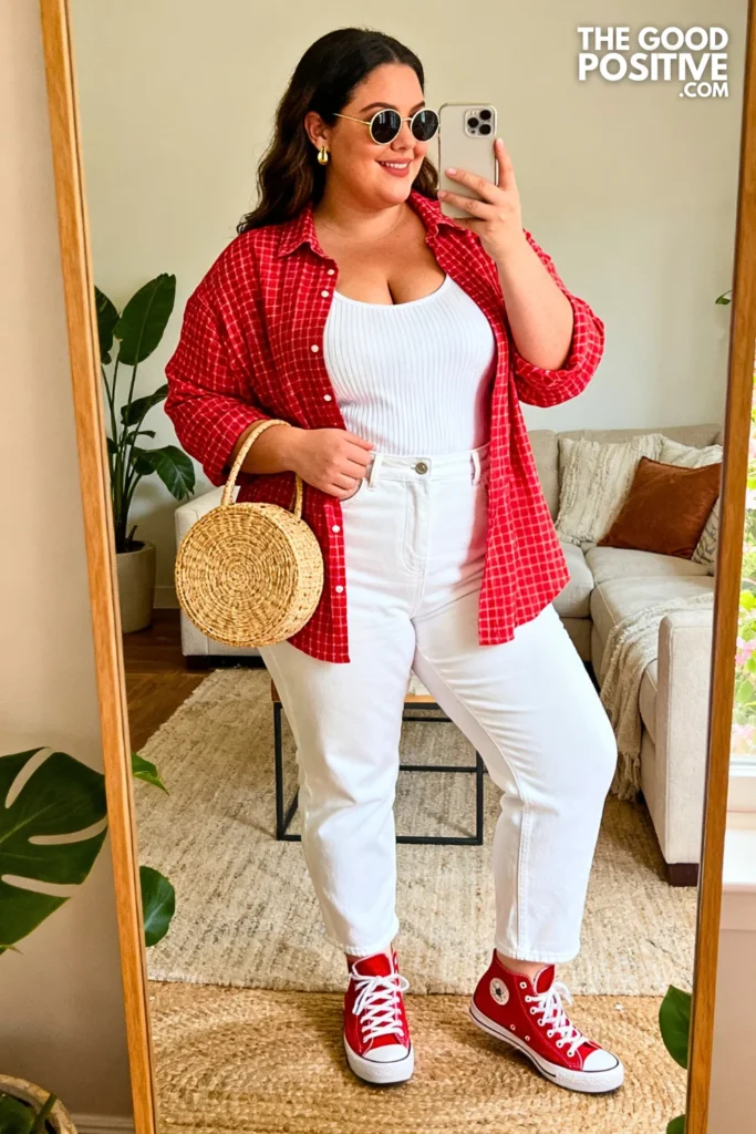 Red Gingham Oversized Shirt With White Straight Leg Jeans