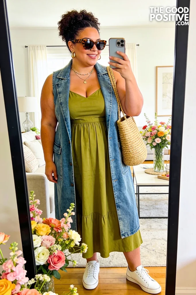 Sage Green Empire Waist Midi Dress With Longline Denim Vest
