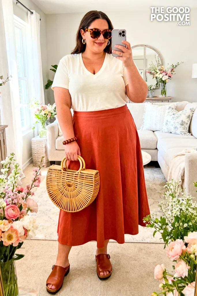Terracotta A Line Maxi Skirt With Cream Longline V Neck Tee