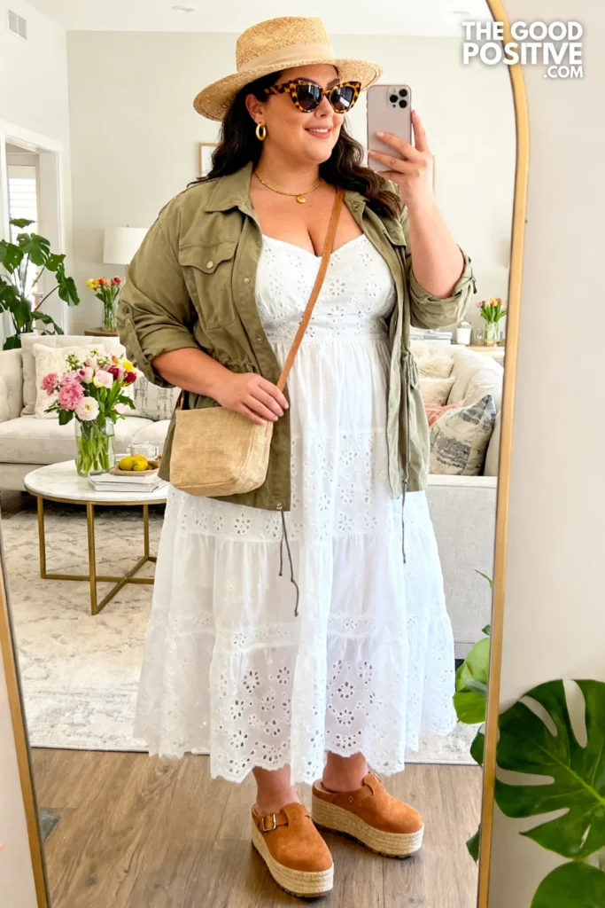 White Eyelet Maxi Dress With Open Khaki Utility Jacket