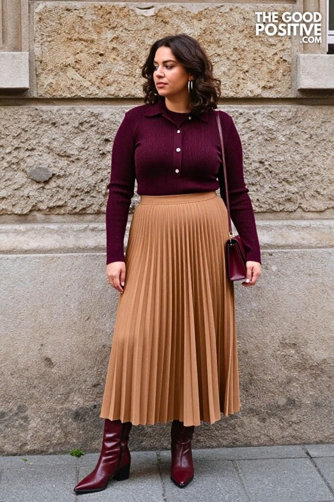 Aubergine Cord Shirt Jacket with Pleated Twill Maxi Skirt
