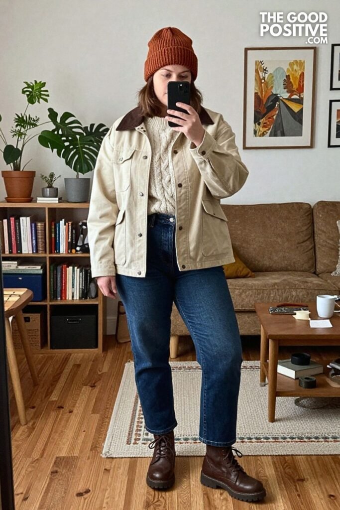 Barn Jacket, Cable Knit Sweater, and Dark Indigo Jeans