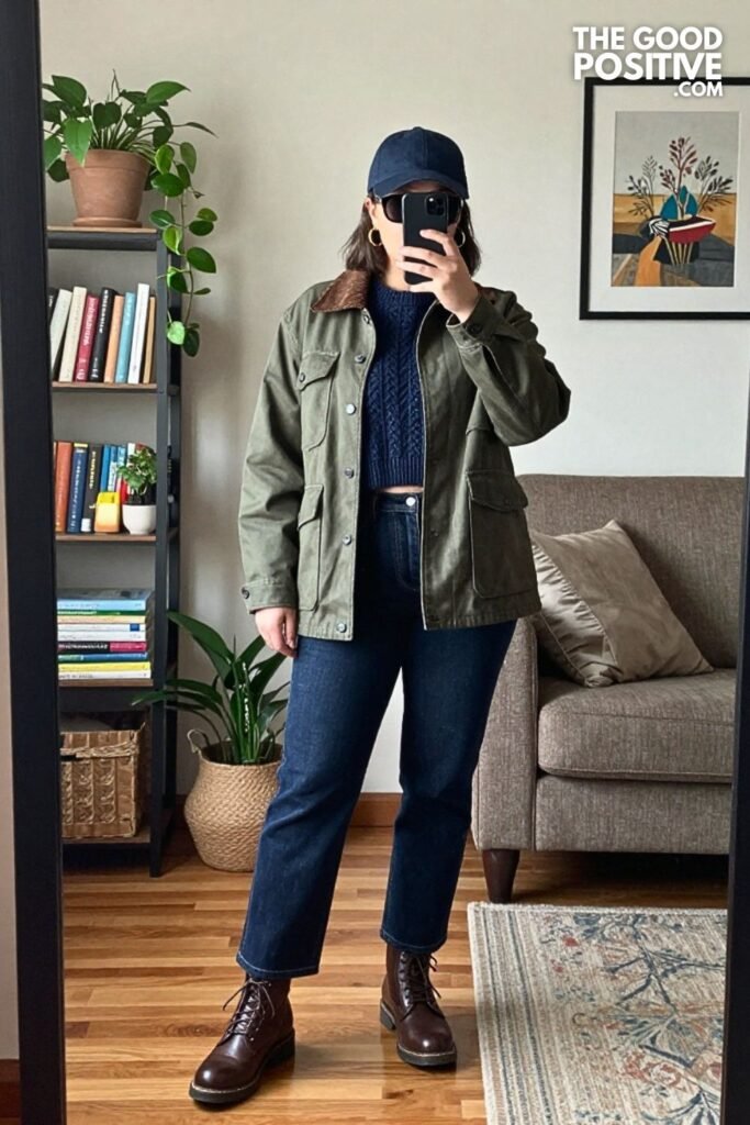 Barn Jacket, Cropped Cable Knit Sweater, and Dark Indigo Jeans