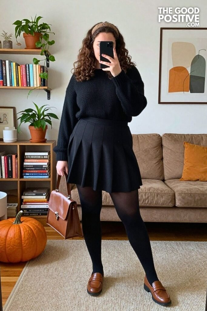 Black Box-Pleat Mini Skirt with Cricket Sweater and Espresso Loafers