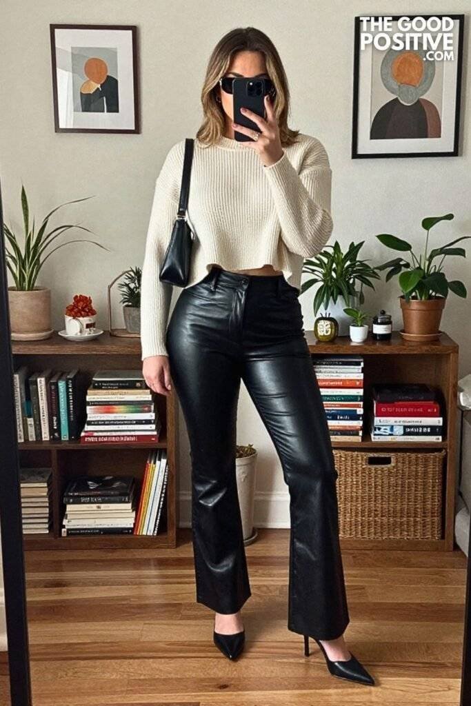 Black Faux Leather Flare Pants With Cropped Ribbed Sweater and Mule Heels