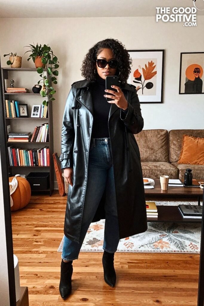 Black Faux Leather Trench, Turtleneck Bodysuit, Barrel Jeans, and Boots
