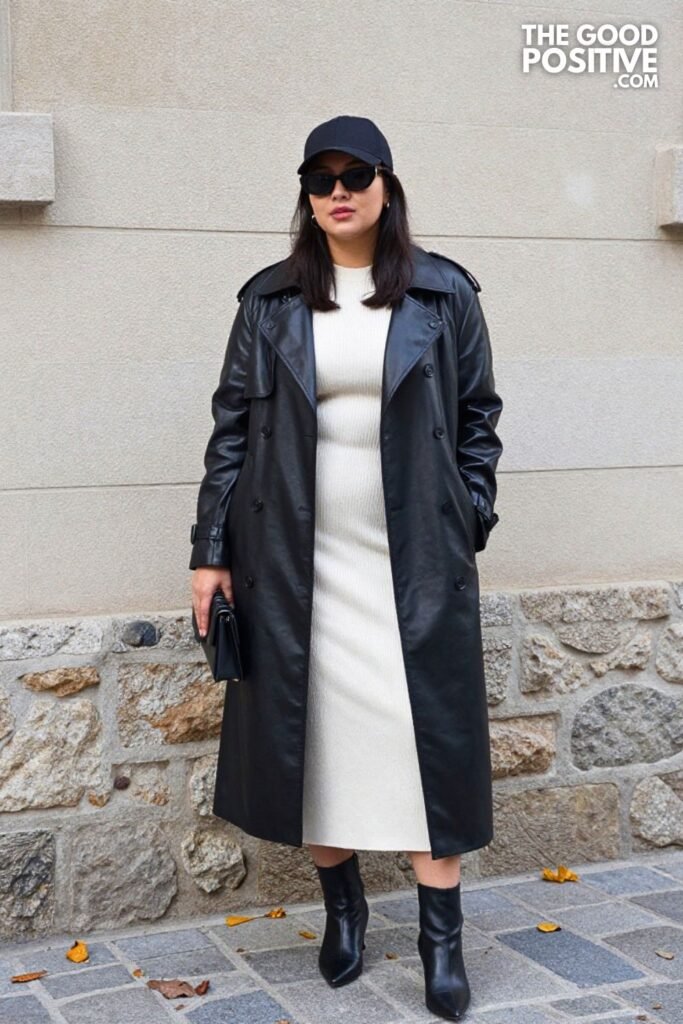 Black Leather Trench Coat, Cream Knit Midi Dress, and Pointed Toe Ankle Boots