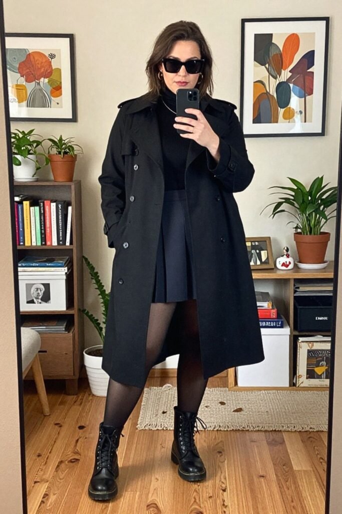 Black Trench Coat, Pleated Skirt, and Sheer Tights