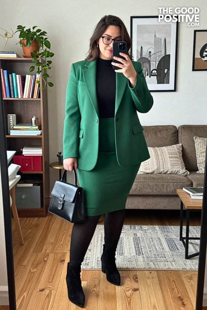 Bottle Green Skirt Suit and Ankle Boots
