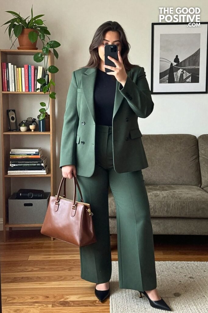Bottle Green Trousers, Cropped Blazer, and Kitten Heels