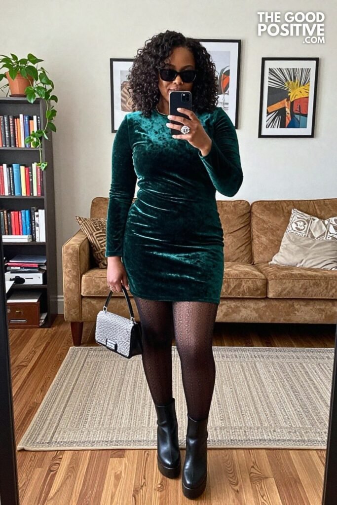 Bottle Green Velvet Mini Dress, Patterned Tights, and Platform Boots