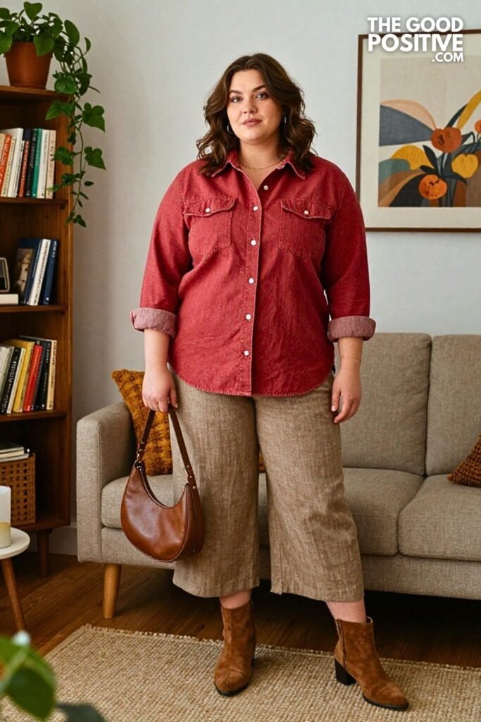 Brick Red Denim Overshirt with Stone Linen Blend Palazzo Pants