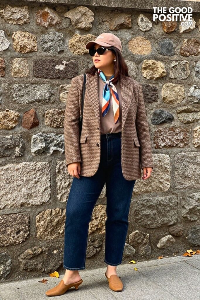 Brown Houndstooth Blazer, Straight Leg Jeans, Silk Scarf, and Kitten Heel Mules