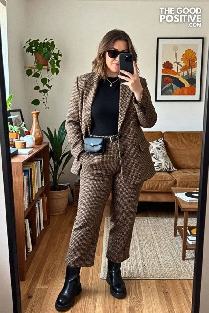 Brown Houndstooth Co-Ord Set With Fitted Mock-Neck and Lug-Sole Ankle Boots