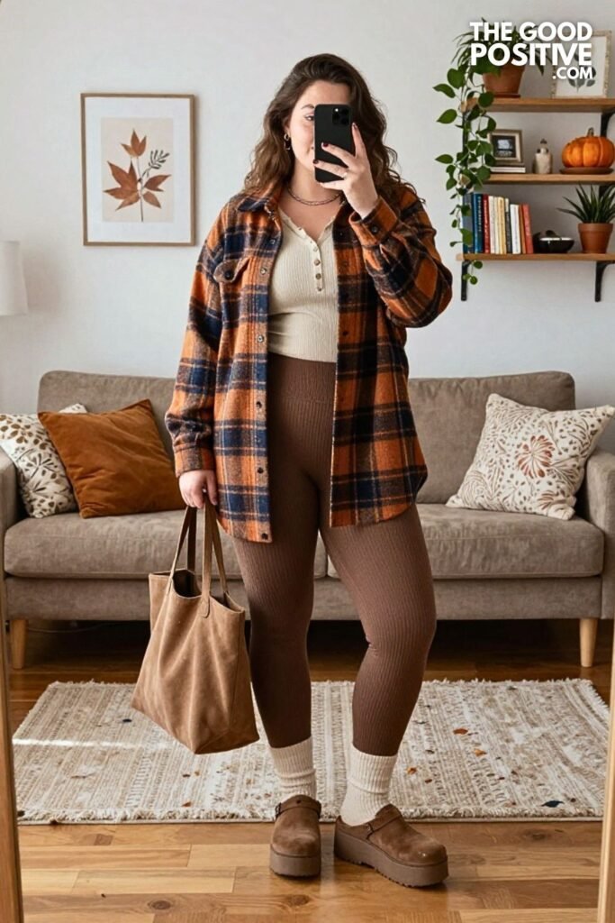 Brushed Plaid Shacket with Ribbed Flare Leggings and Suede Clogs