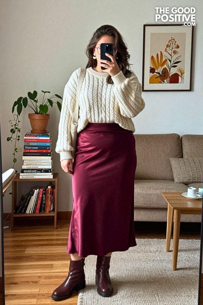 Burgundy Crinkle Satin Midi Skirt with Fisherman Knit and Slouch Boots