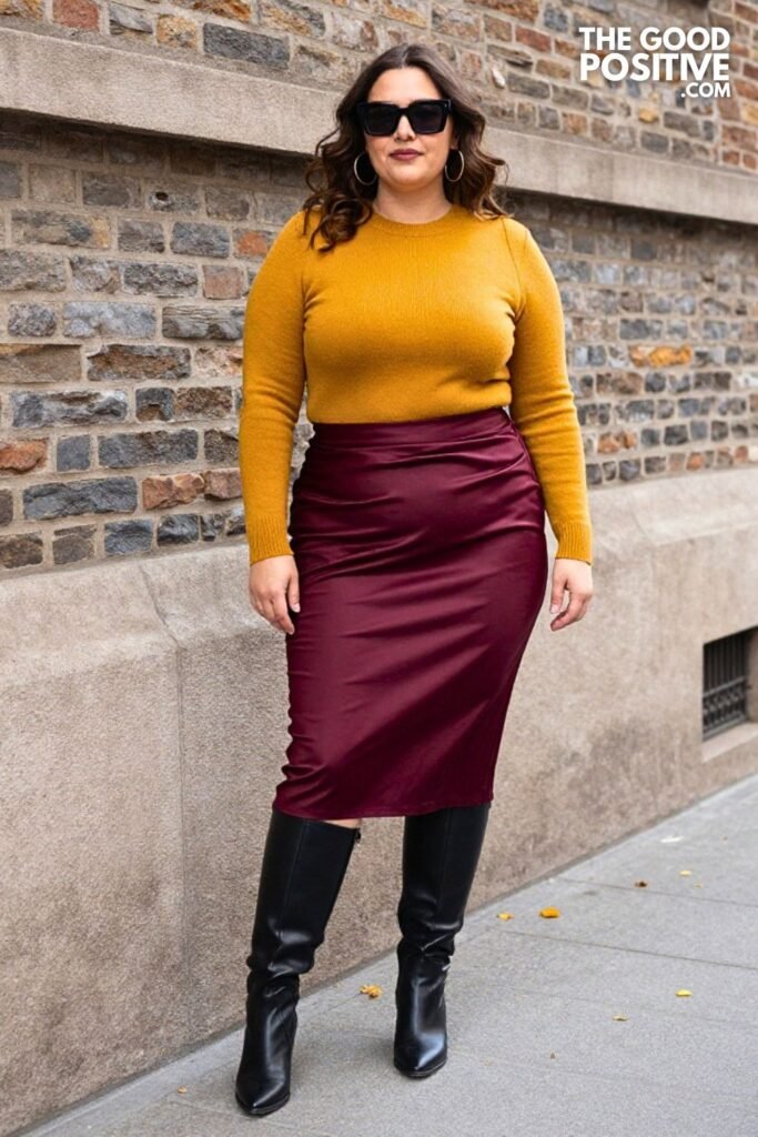 Burgundy Midi Pleated Skirt, Fitted Crewneck Sweater, Knee-High Boots