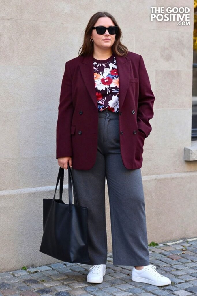 Burgundy Oversized Blazer, Graphic Tee, Wide-Leg Trousers, White Sneakers