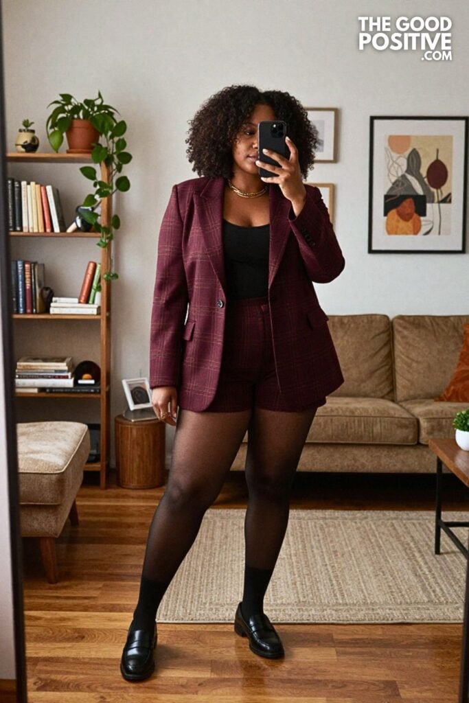 Burgundy Plaid Blazer and Matching Shorts Suit, with Loafers