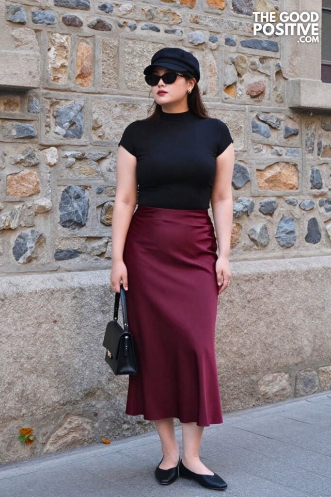 Burgundy Satin Midi Skirt, Fitted Black Mockneck, and Black Pointed Toe Flats