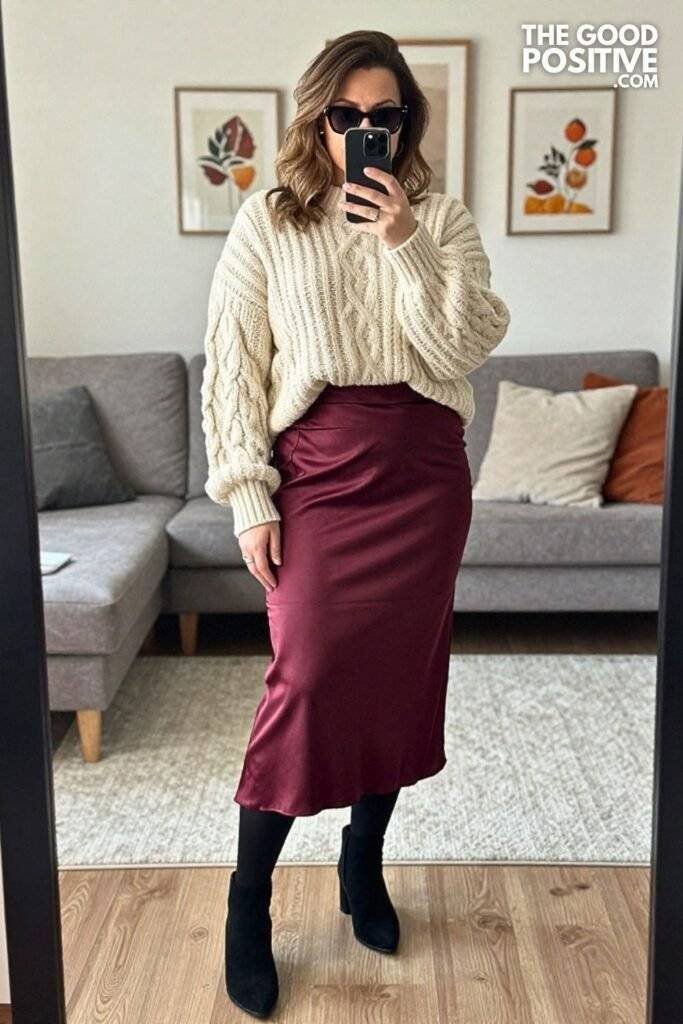 Burgundy Satin Midi Skirt With Chunky Cream Knit Sweater and Ankle Boots