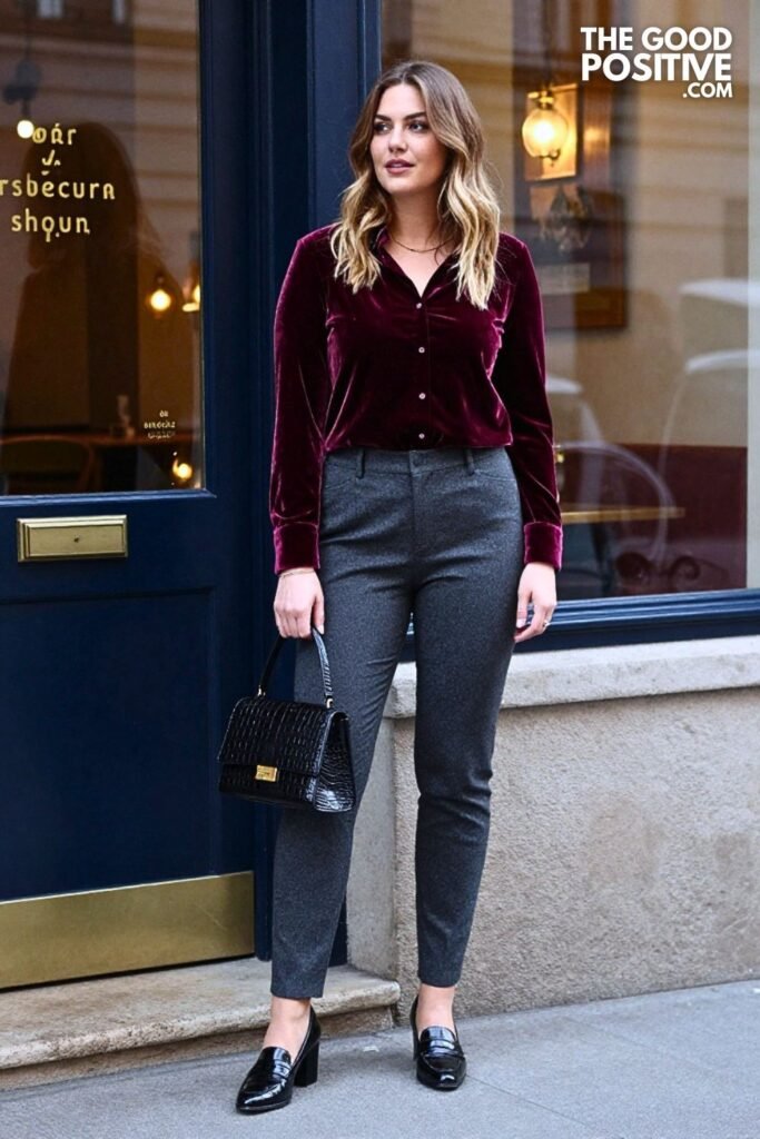 Burgundy Velvet Shirt with Tailored Tapered Trousers