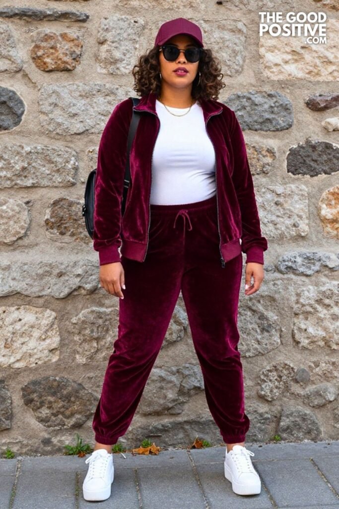Burgundy Velvet Tracksuit, White Tee, Platform Sneakers