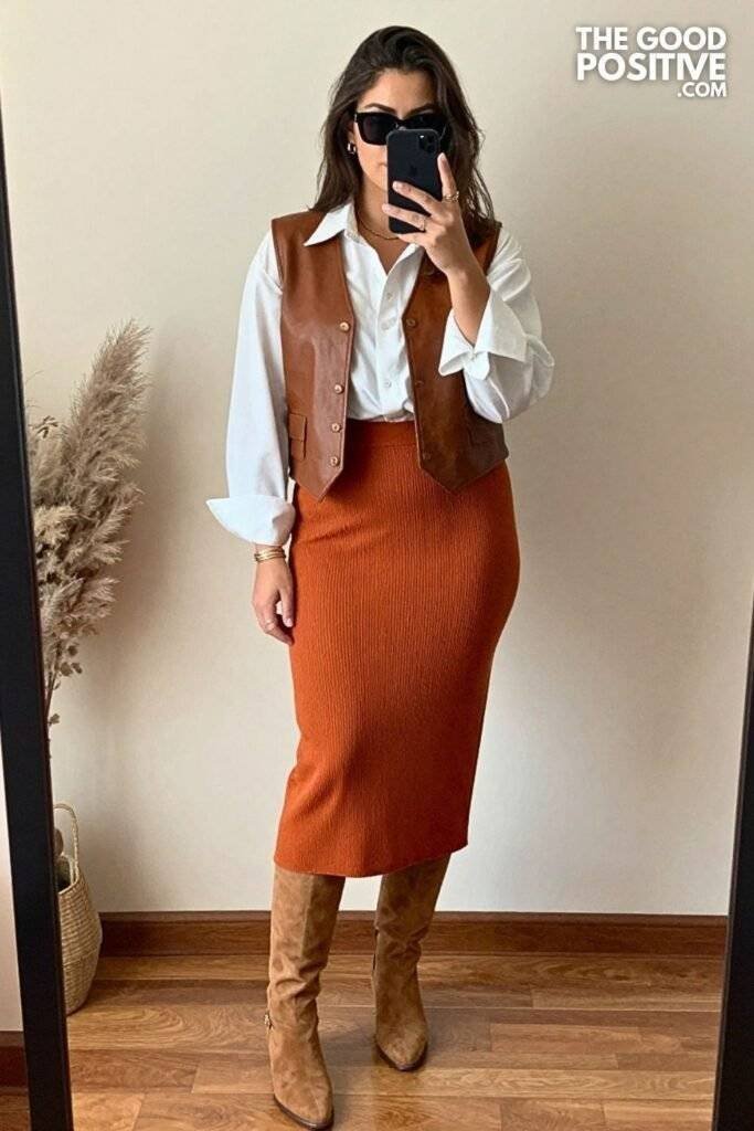 Burnt Orange Knit Midi Skirt With White Button-Down and Brown Leather Vest
