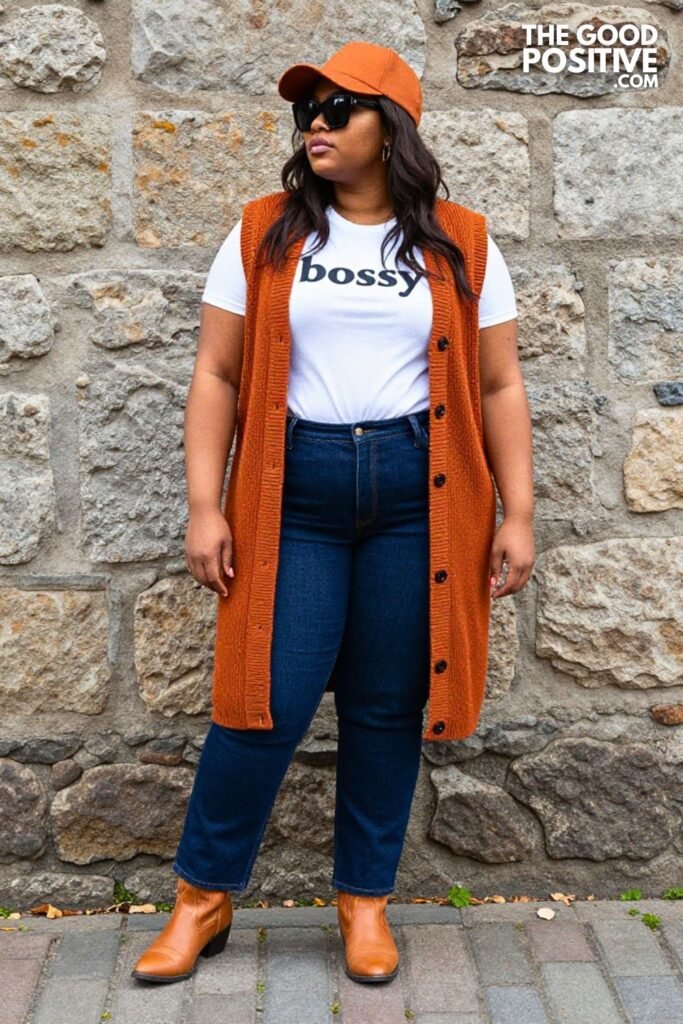 Burnt Orange Longline Vest, Straight-Leg Jeans, Graphic Tee